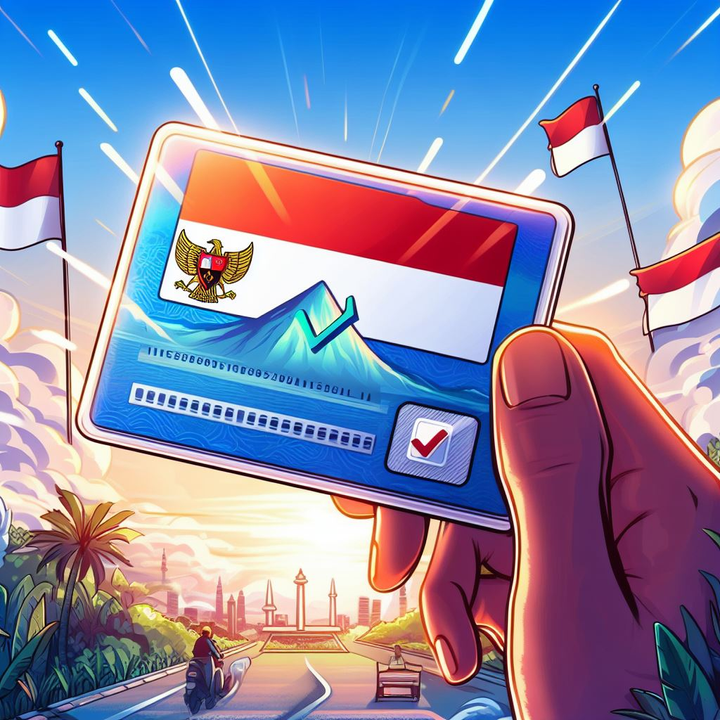 Gambar gaya anime memperlihatkan tangan memegang kartu dengan bendera Indonesia.